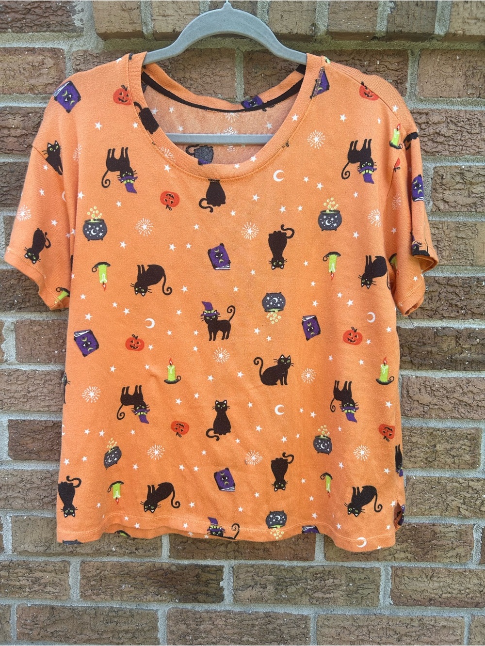 Women's Orange Halloween Cat Print Short Sleeve Tee size 12/14 large